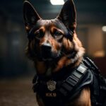 German Shepherd police dog wearing a vest.