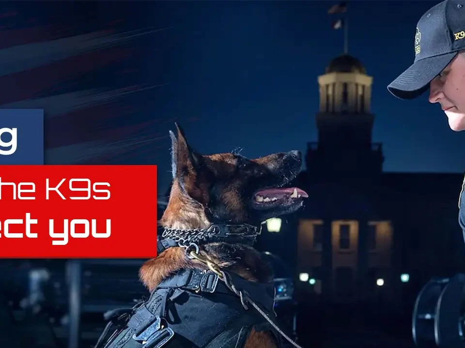 Police officer with K9 at night.