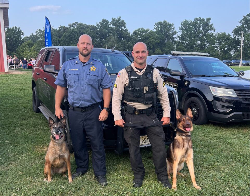 Two K9 handlers standing with their German Shepherd police service dogs beside patrol vehicles