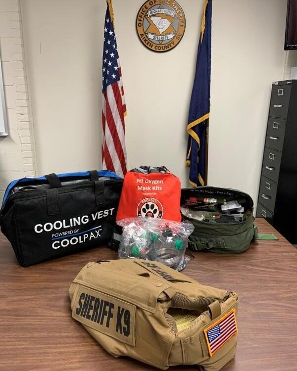 Cooling vest, oxygen mask kits, and Sheriff K9 gear donated by Project Paws Alive