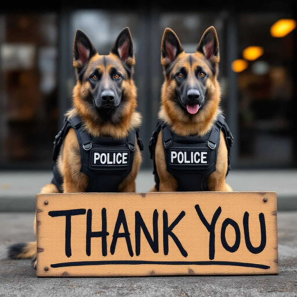 Two police K9 German Shepherds in tactical vests holding a Thank You sign - Project Paws Alive donor appreciation