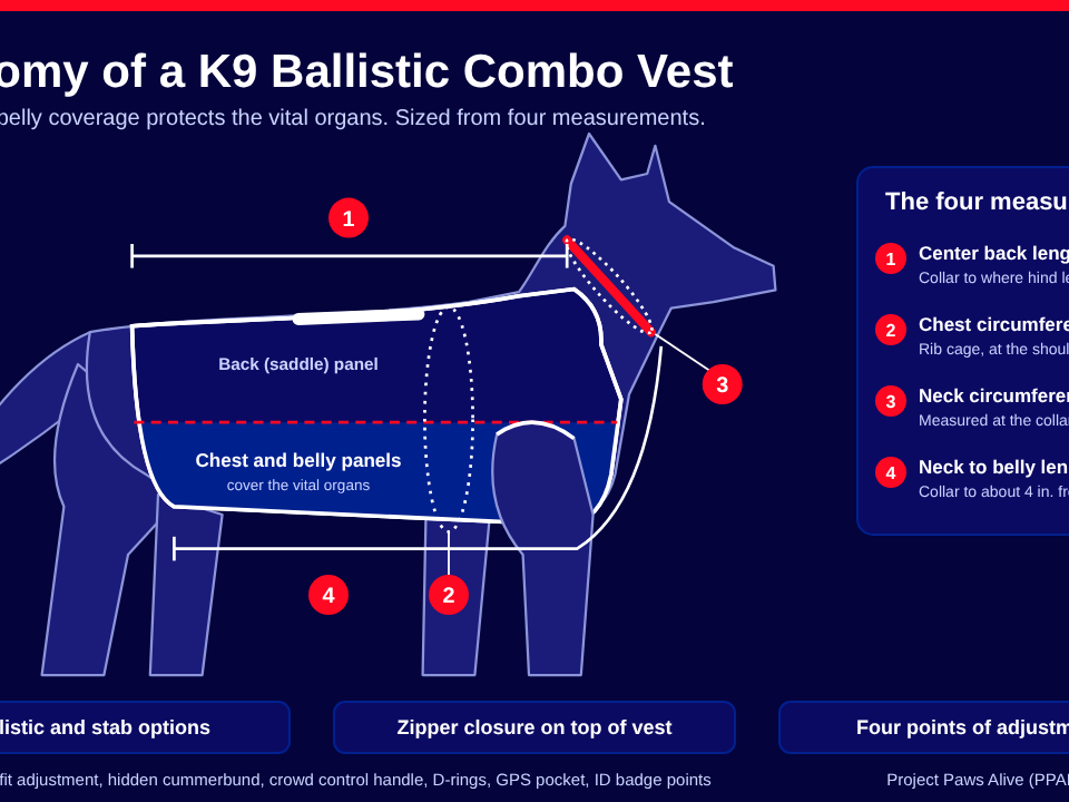 Diagram of a K9 ballistic combo vest fitted snugly on a dog, showing four measurements: center back length, chest circumference, neck circumference, and neck to belly length, with the chest and belly panels shaded.