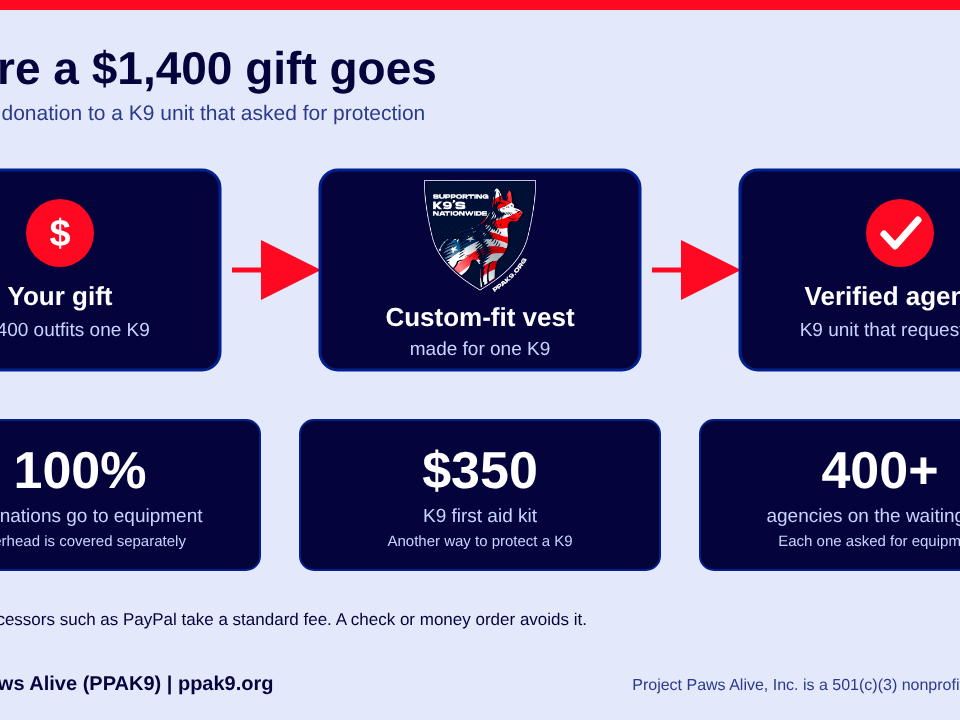 Flow showing a $1,400 gift becoming a custom-fit vest for one K9 at a verified agency, with a $350 first aid kit listed as another option.